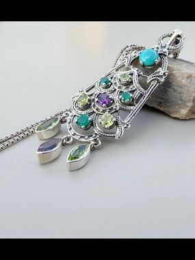 Nicky Butler 925 Sterling Silver Amethyst Peridot Chalcedony Pendant Necklace